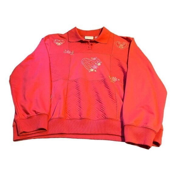 Alfred Dunner Red Sweater Top Sweatshirt XL Embroidered Heart Floral Collared - Picture 1 of 8